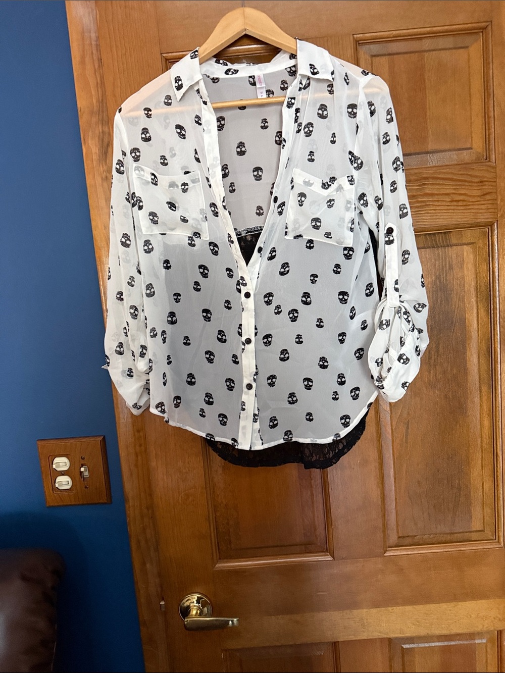 Xhilaration White Sheer Button-Down Blouse with Black Skull Print